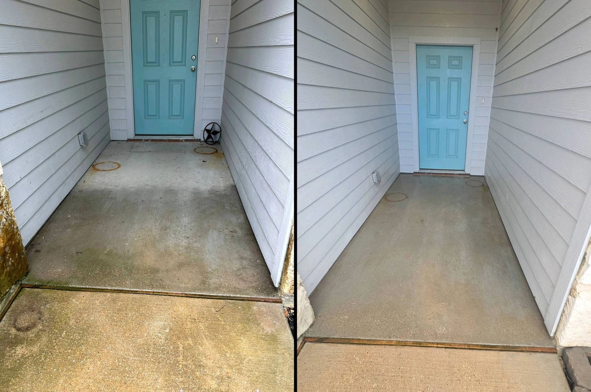 Concrete surface before pressure washing — heavy dirt and staining